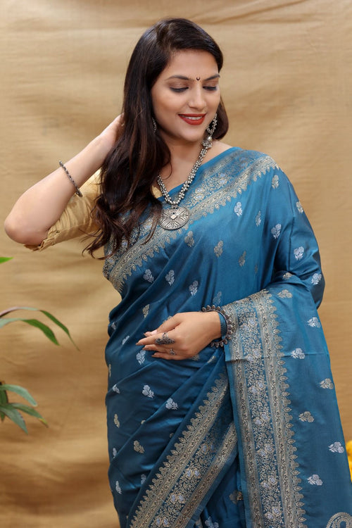 Load image into Gallery viewer, Improbable Teal Blue Soft Banarasi Silk Saree With Glittering Blouse Piece
