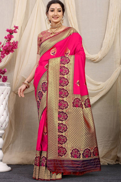Gossamer Dark Pink Kanjivaram Silk With Sizzling Blouse Piece
