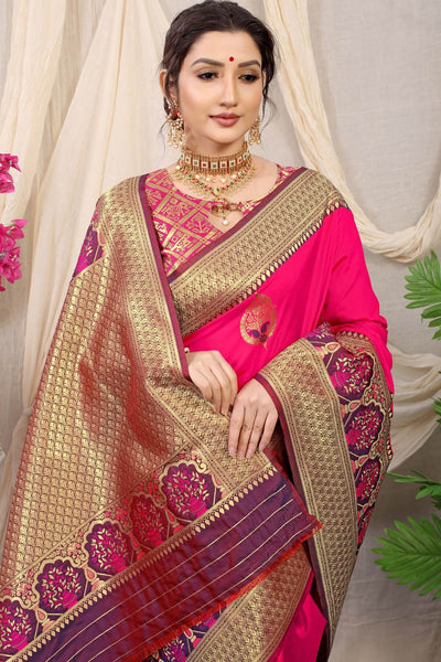 Gossamer Dark Pink Kanjivaram Silk With Sizzling Blouse Piece