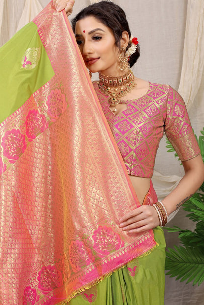 Lagniappe Mehndi Kanjivaram Silk With Sizzling Blouse Piece