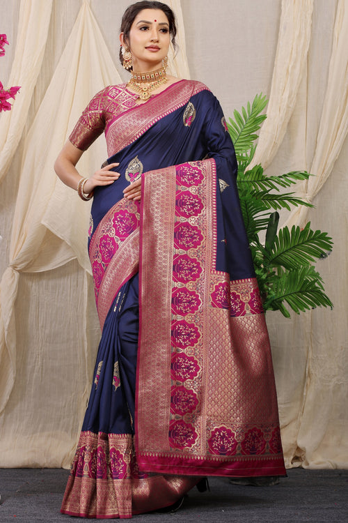 Load image into Gallery viewer, Lassitude Navy Blue Kanjivaram Silk With Sizzling Blouse Piece
