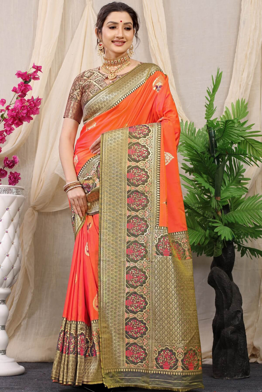 Lissome Peach Kanjivaram Silk With Sizzling Blouse Piece