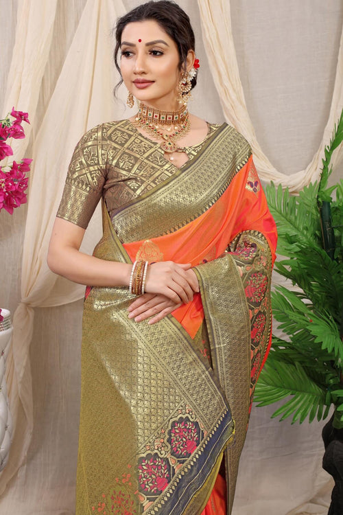 Load image into Gallery viewer, Lissome Peach Kanjivaram Silk With Sizzling Blouse Piece
