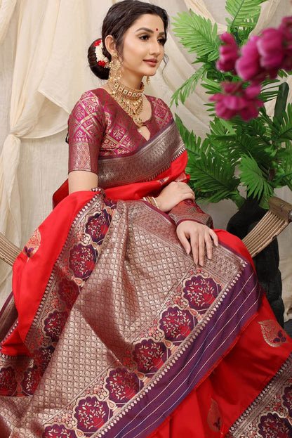 Moiety Red Kanjivaram Silk With Sizzling Blouse Piece