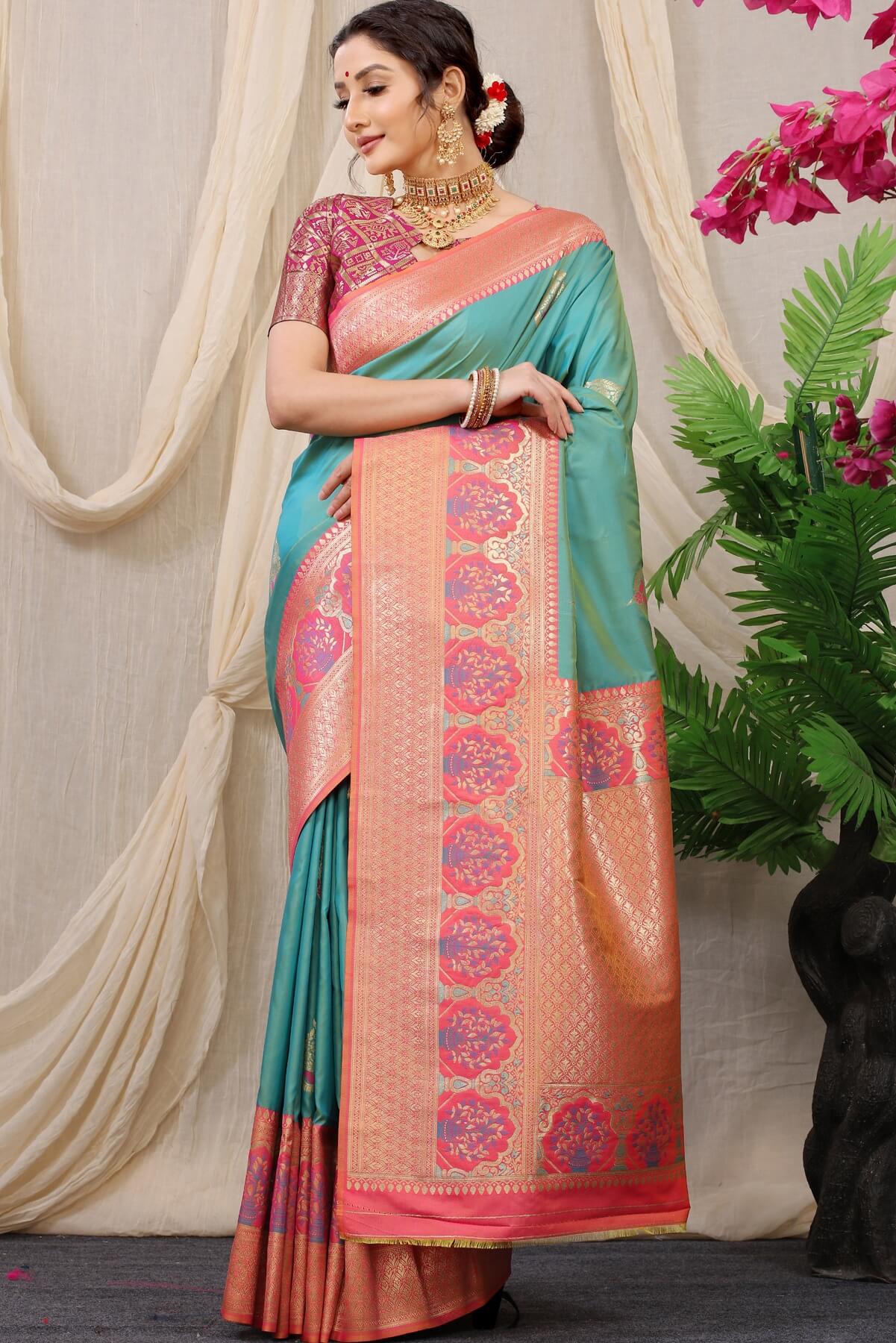 Nemesis Turquoise Kanjivaram Silk With Sizzling Blouse Piece