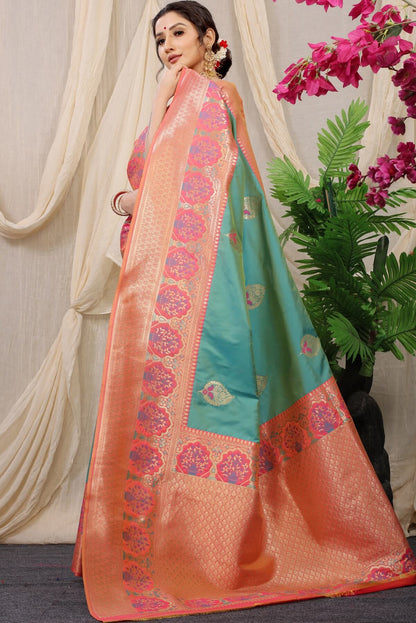 Nemesis Turquoise Kanjivaram Silk With Sizzling Blouse Piece