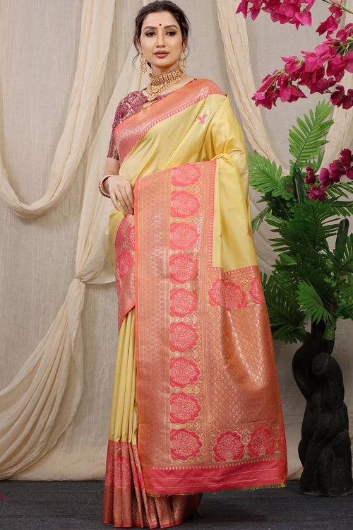 Load image into Gallery viewer, Palimpsest Yellow Kanjivaram Silk With Sizzling Blouse Piece
