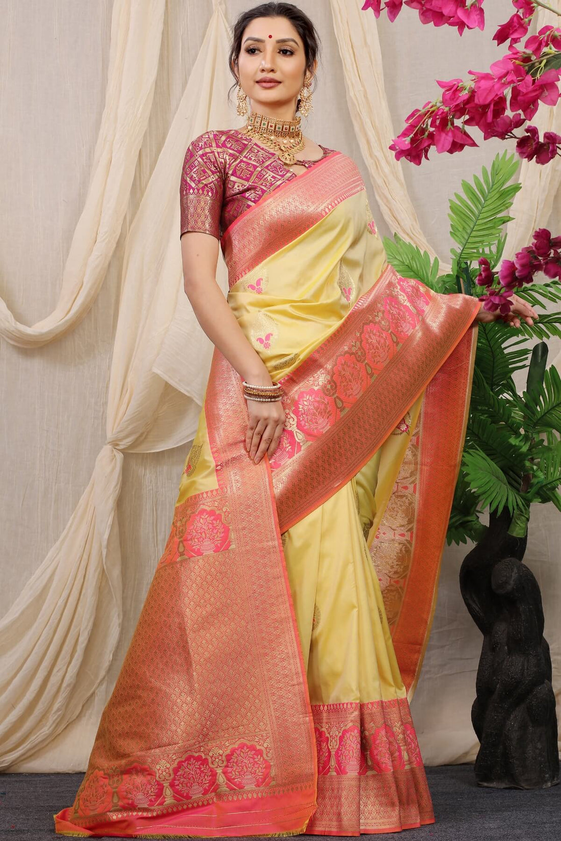 Palimpsest Yellow Kanjivaram Silk With Sizzling Blouse Piece