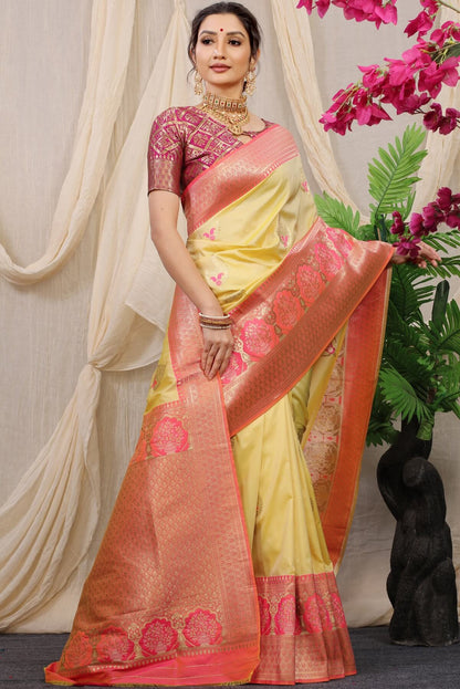 Palimpsest Yellow Kanjivaram Silk With Sizzling Blouse Piece
