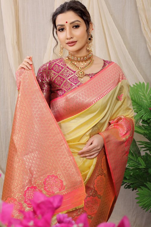 Load image into Gallery viewer, Palimpsest Yellow Kanjivaram Silk With Sizzling Blouse Piece
