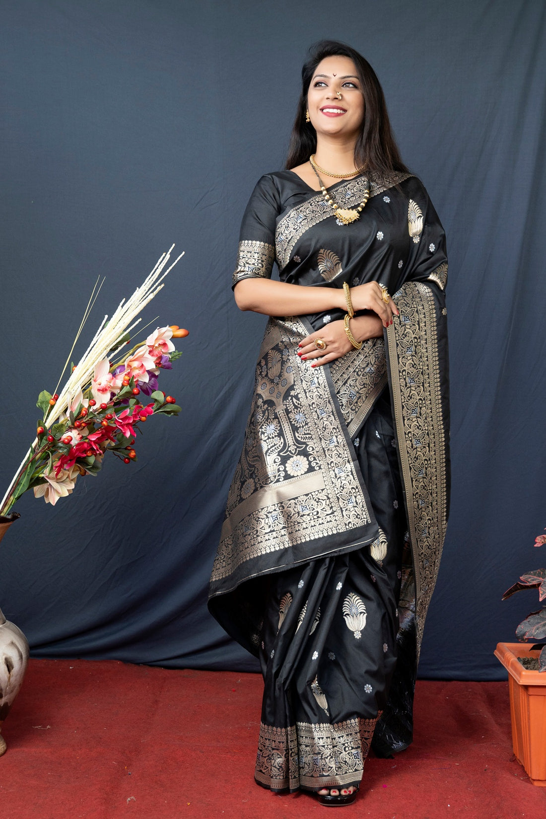 Sempiternal Black Kanjivaram Silk With Demure Blouse Piece