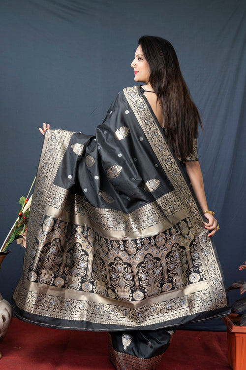 Load image into Gallery viewer, Sempiternal Black Kanjivaram Silk With Demure Blouse Piece
