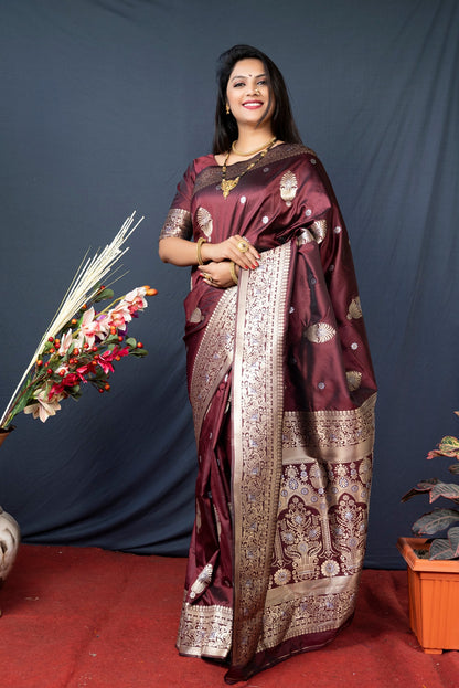Petrichor Brown Kanjivaram Silk With Demure Blouse Piece