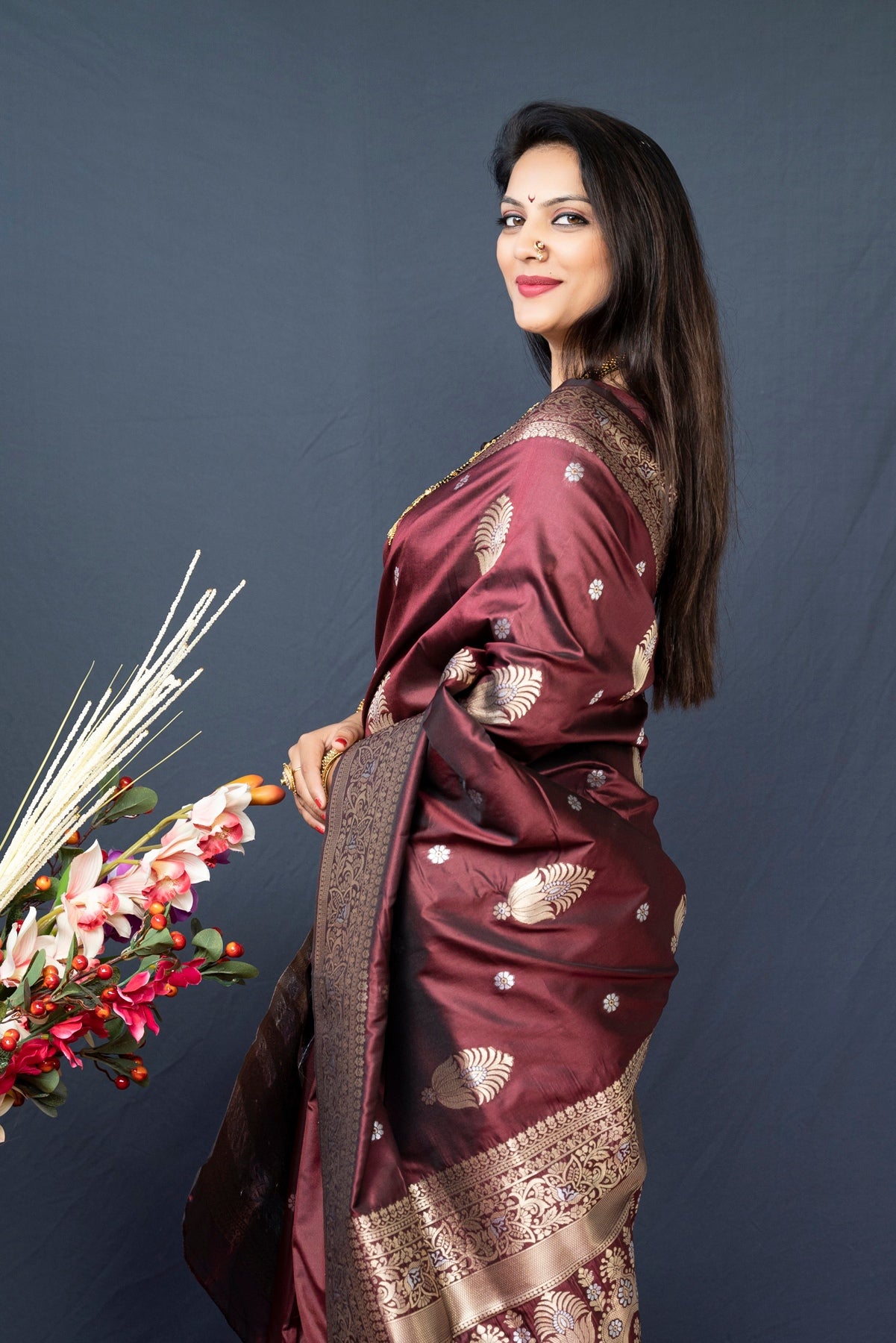 Petrichor Brown Kanjivaram Silk With Demure Blouse Piece