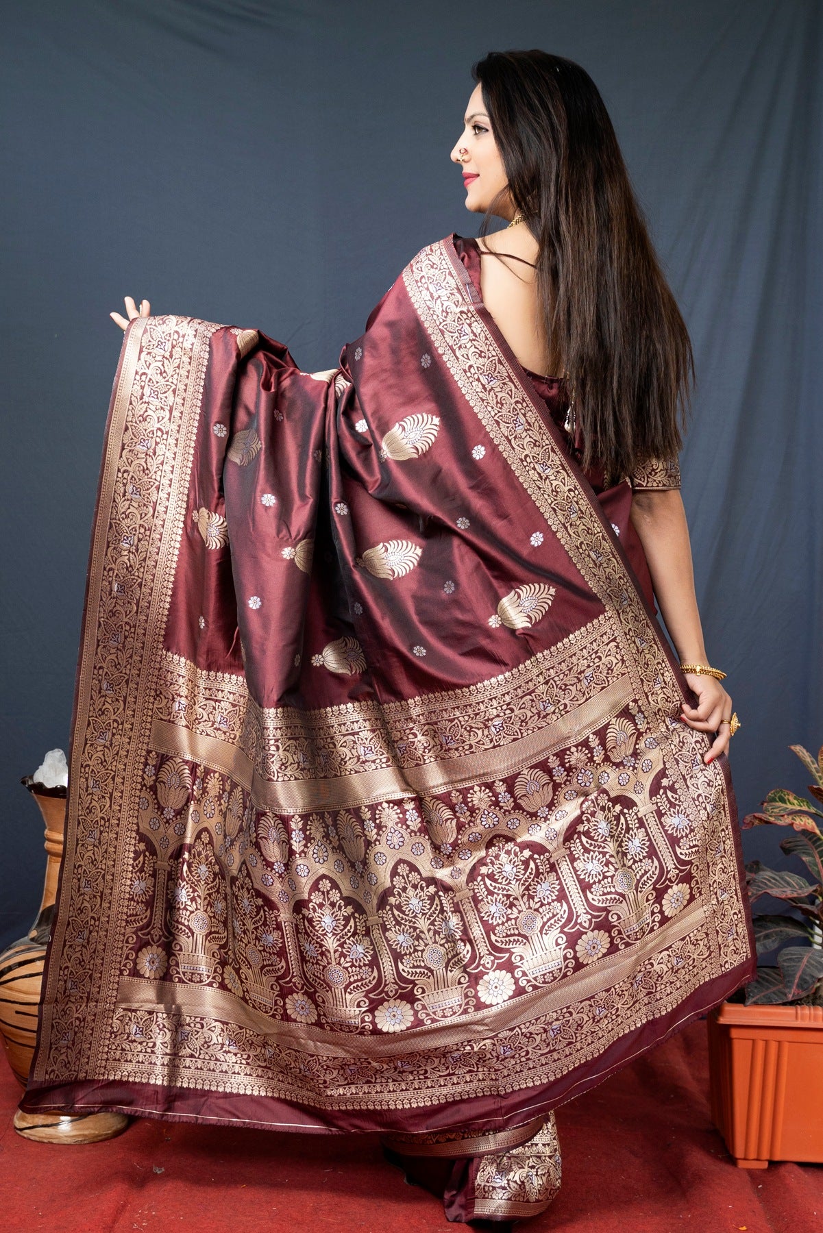 Petrichor Brown Kanjivaram Silk With Demure Blouse Piece