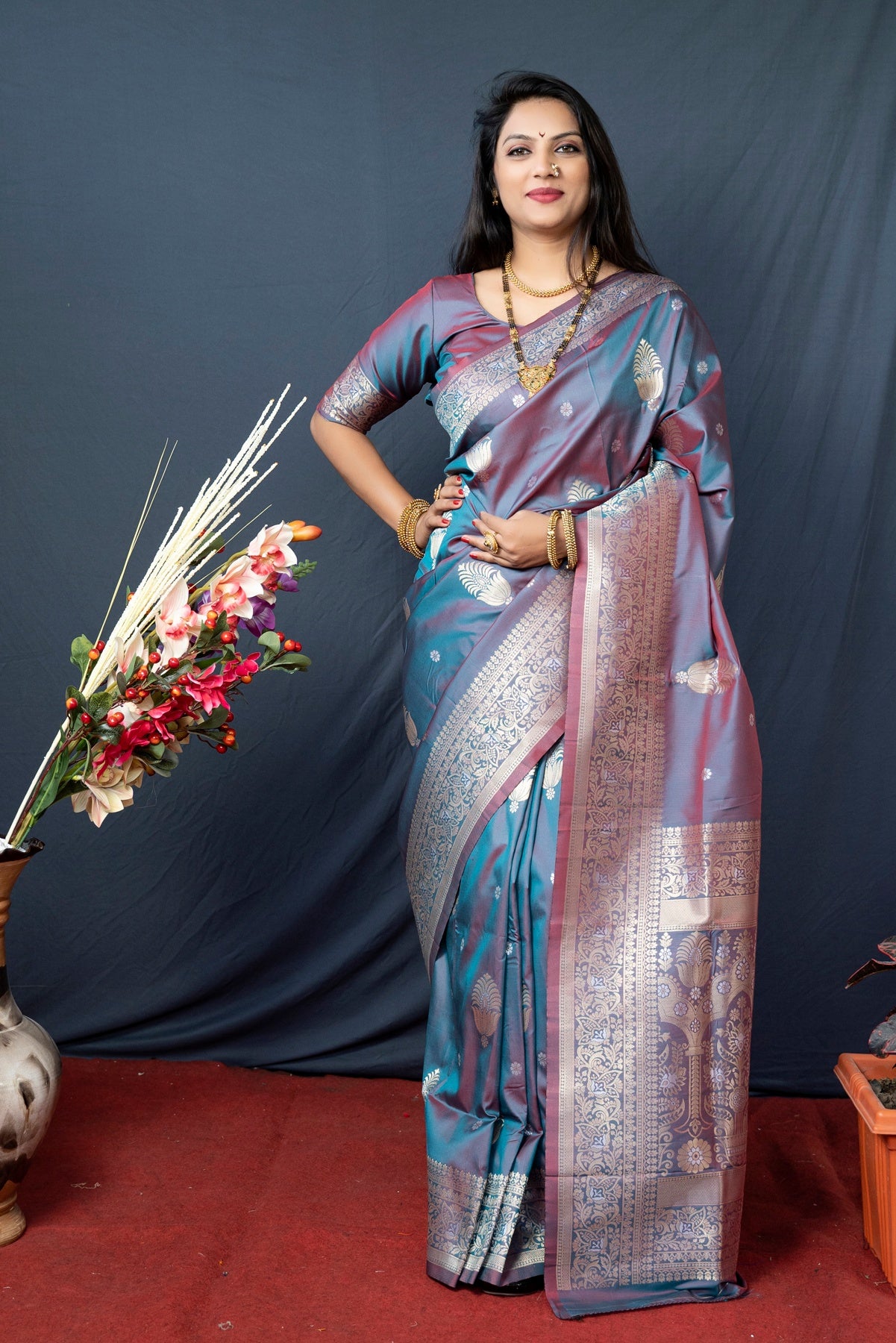 Propinquity Grey Kanjivaram Silk With Demure Blouse Piece