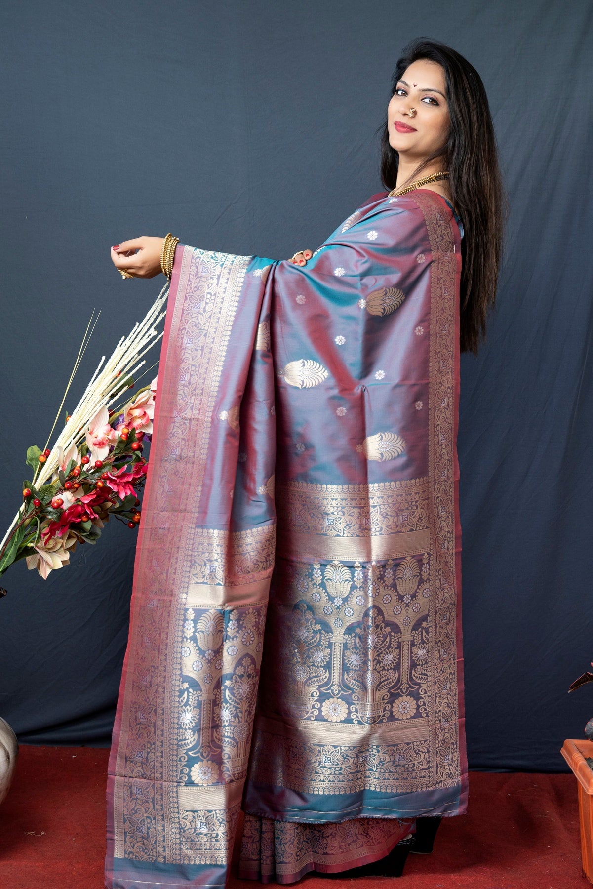 Propinquity Grey Kanjivaram Silk With Demure Blouse Piece