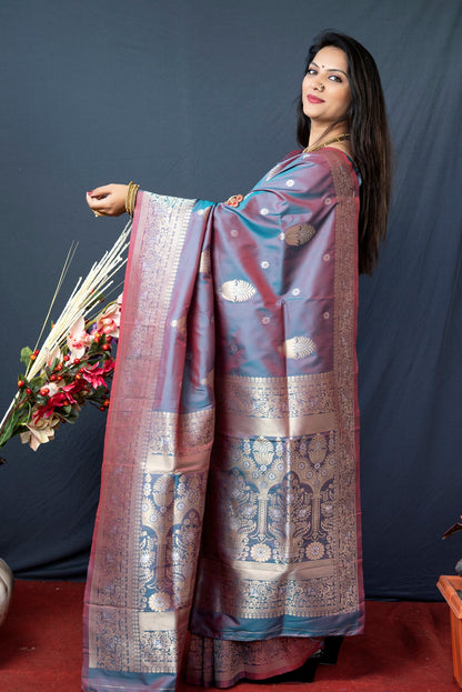 Propinquity Grey Kanjivaram Silk With Demure Blouse Piece