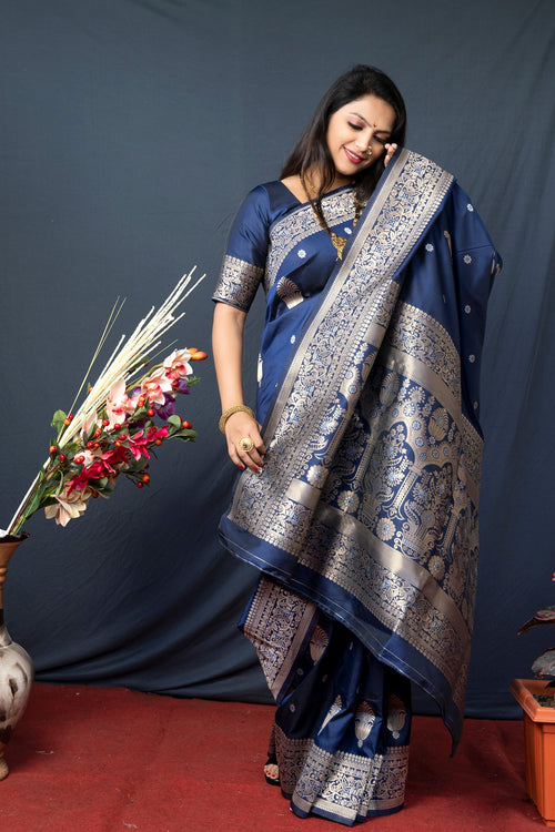 Load image into Gallery viewer, Palimpsest Navy Blue Kanjivaram Silk With Demure Blouse Piece
