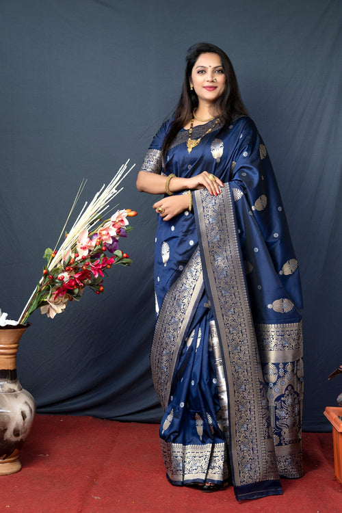 Load image into Gallery viewer, Palimpsest Navy Blue Kanjivaram Silk With Demure Blouse Piece
