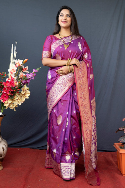 Load image into Gallery viewer, Panoply Purple Kanjivaram Silk With Demure Blouse Piece

