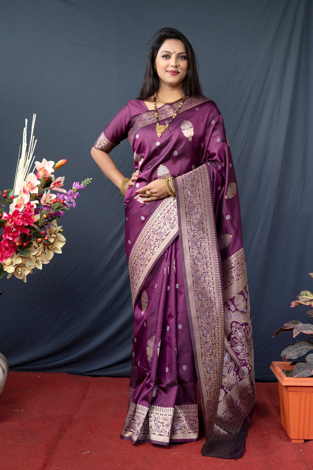 Latest Blush Wine Kanjivaram Silk Saree With Blouse - Mr & Mrs Creation -  4092281
