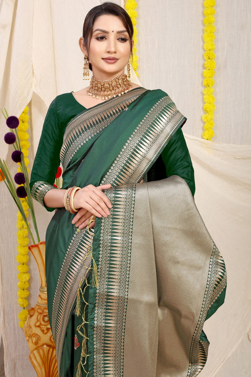 Load image into Gallery viewer, Sensational Dark Green Banarasi Silk Saree With Magnetic Blouse Piece
