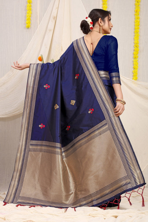 Load image into Gallery viewer, Stylish Navy Blue Banarasi Silk Saree With Magnetic Blouse Piece
