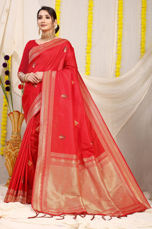 Load image into Gallery viewer, Precious Red Banarasi Silk Saree With Magnetic Blouse Piece
