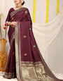 Breathtaking Wine Banarasi Silk Saree With Magnetic Blouse Piece