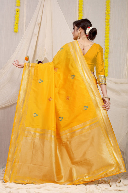 Yellow banarasi silk thread embroidery with pure kachhi & sequince, mirror  work saree with blouse - Lilots - 4231421