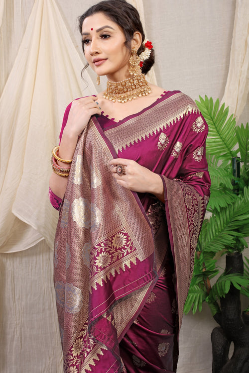 Load image into Gallery viewer, Denouement Wine Kanjivaram Silk With Effervescent Blouse Piece

