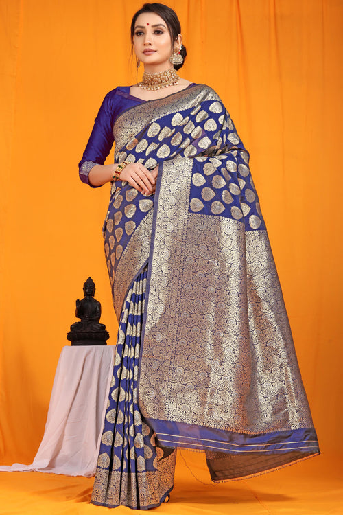 Load image into Gallery viewer, Deserving Navy Blue Banarasi Silk Saree With Divine Blouse Piece
