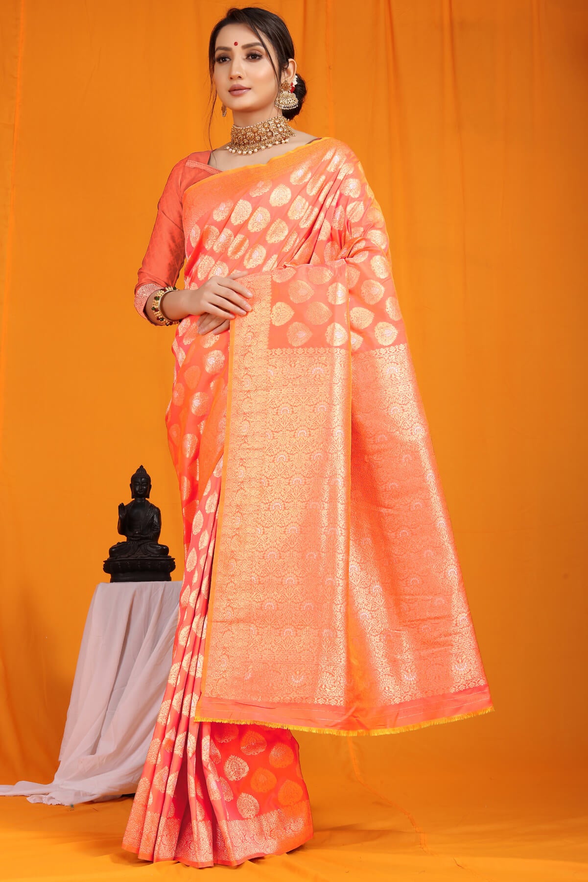 Eye-catching Peach Banarasi Silk Saree With Divine Blouse Piece