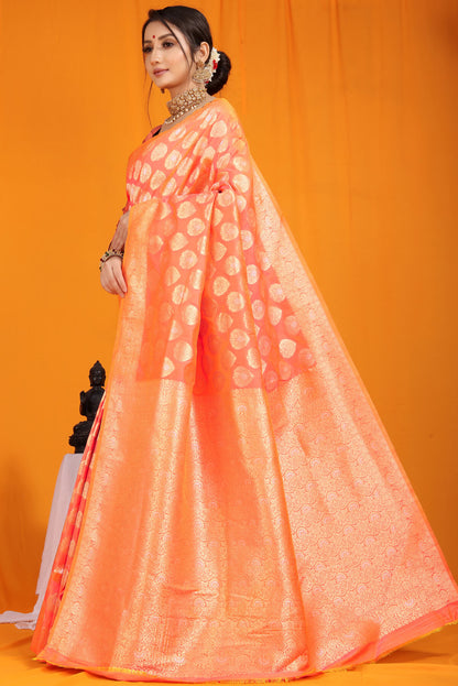 Eye-catching Peach Banarasi Silk Saree With Divine Blouse Piece