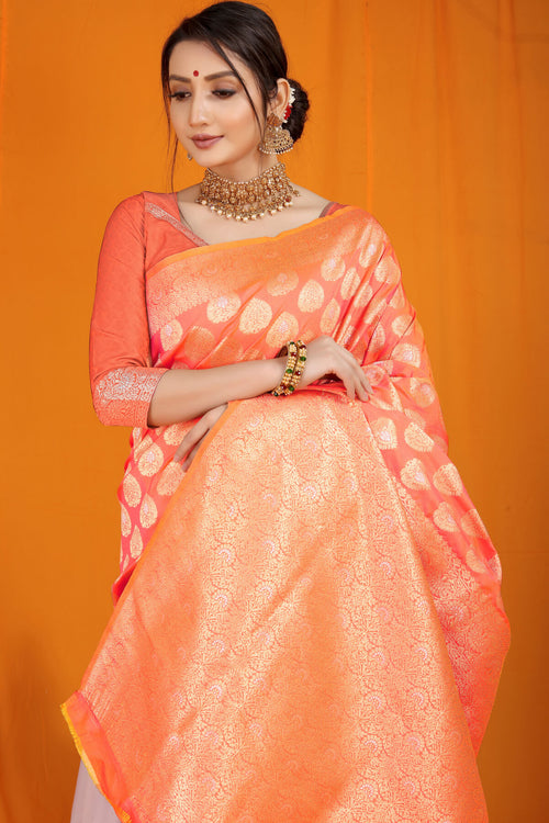 Load image into Gallery viewer, Eye-catching Peach Banarasi Silk Saree With Divine Blouse Piece
