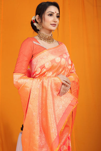 Eye-catching Peach Banarasi Silk Saree With Divine Blouse Piece