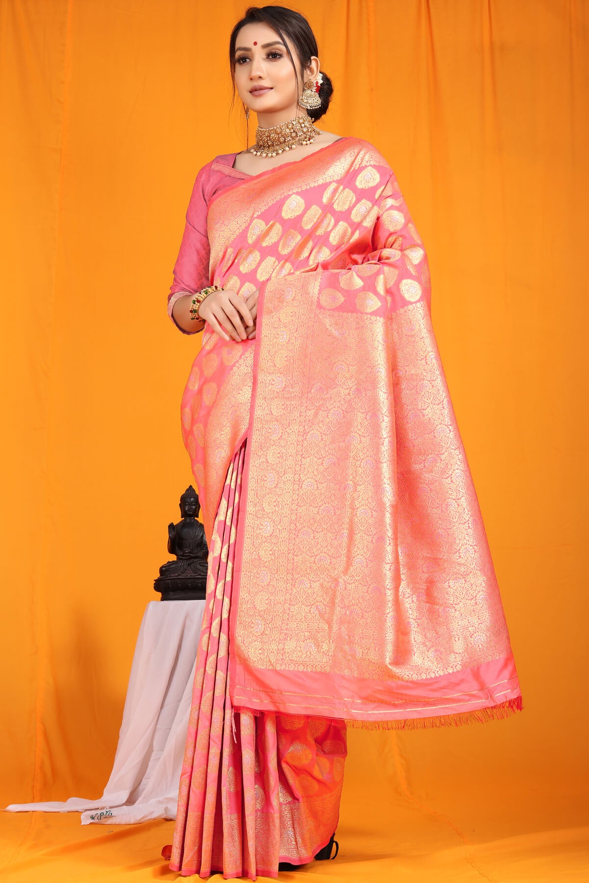 Intricate Pink Banarasi Silk Saree With Divine Blouse Piece