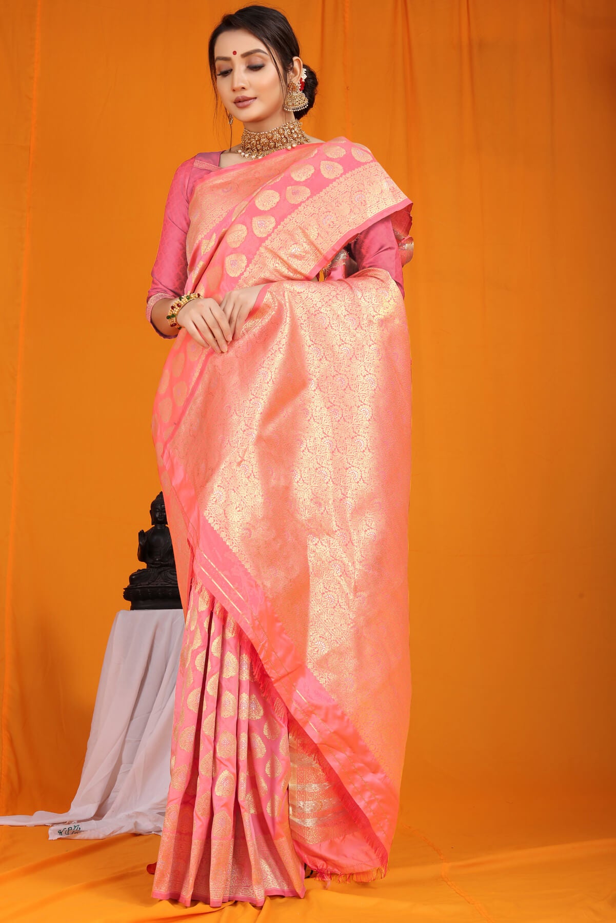 Intricate Pink Banarasi Silk Saree With Divine Blouse Piece
