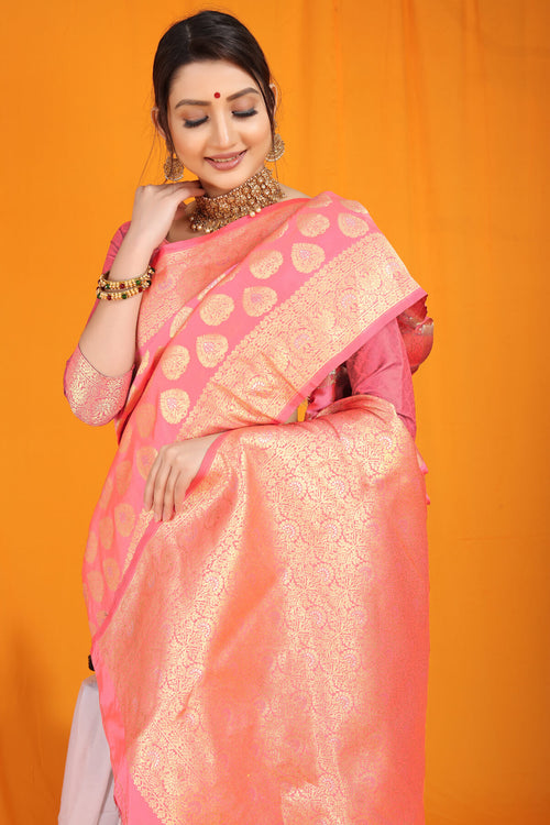 Load image into Gallery viewer, Intricate Pink Banarasi Silk Saree With Divine Blouse Piece

