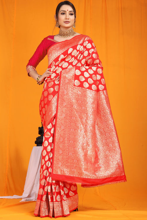 Load image into Gallery viewer, Blooming Red Banarasi Silk Saree With Divine Blouse Piece
