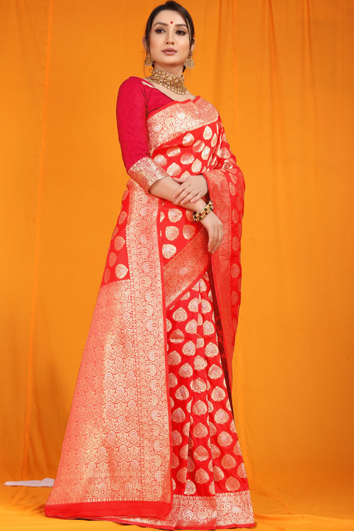 Load image into Gallery viewer, Blooming Red Banarasi Silk Saree With Divine Blouse Piece
