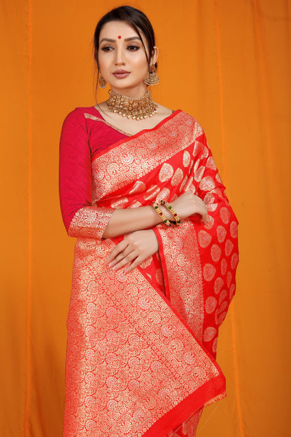 Blooming Red Banarasi Silk Saree With Divine Blouse Piece