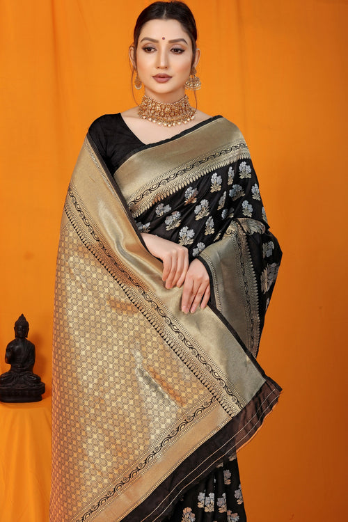 Load image into Gallery viewer, Deserving Black Kanjivaram Silk With Seraglio Blouse Piece
