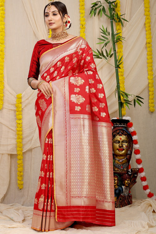 Load image into Gallery viewer, Snappy Red Kanjivaram Silk With Seraglio Blouse Piece
