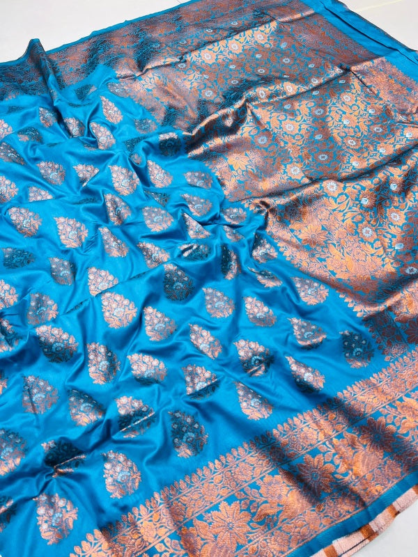 Fragrant Firozi Soft Banarasi Silk Saree With Splendorous Blouse Piece