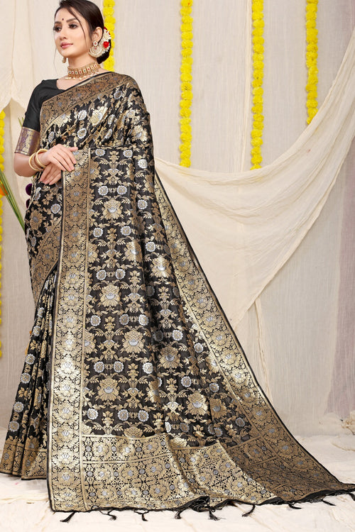 Load image into Gallery viewer, Gleaming Black Banarasi Silk Saree With Fairytale Blouse Piece
