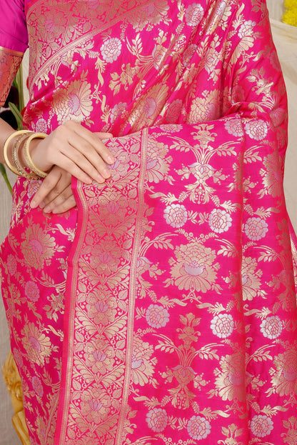 Wonderful Dark Pink Banarasi Silk Saree With Fairytale Blouse Piece