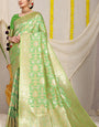 Sensational Green Banarasi Silk Saree With Fairytale Blouse Piece