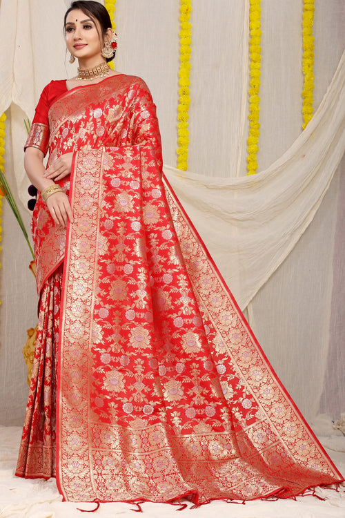 Load image into Gallery viewer, Phenomenal Red Banarasi Silk Saree With Fairytale Blouse Piece
